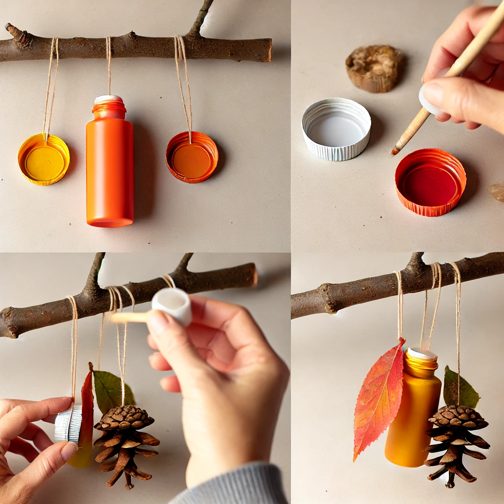 DIY Herbst Windspiel aus recycelten Materialien mit Flaschendeckeln, Tannenzapfen und Blättern
